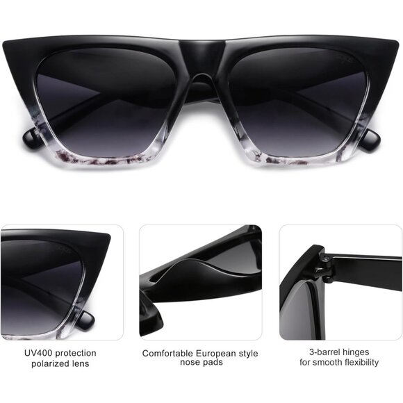 Women's Marble Black Grey Oversized Square Cateye Trendy Polarized Sunglasses - Picture 5 of 6